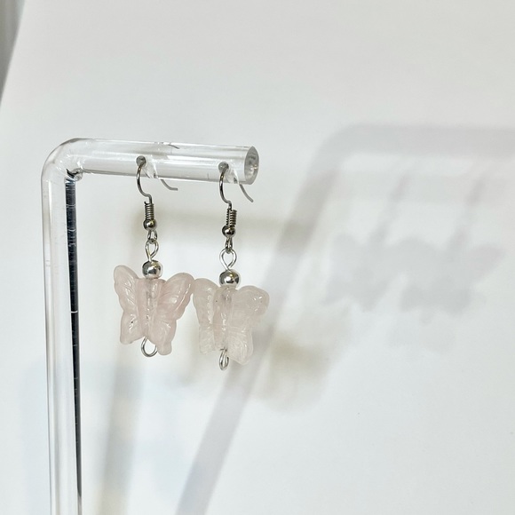 Carved Rose Quartz Butterfly Earrings - Picture 8 of 14